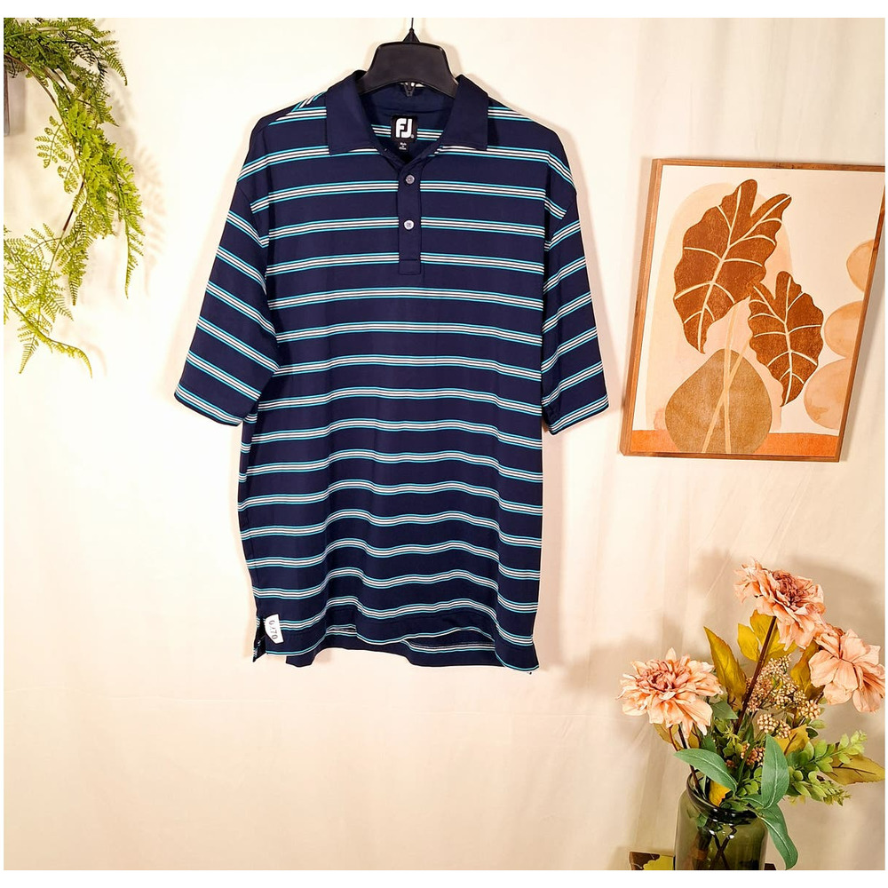 FootJoy Men's Golf Polo Shirt Blue White Striped XL